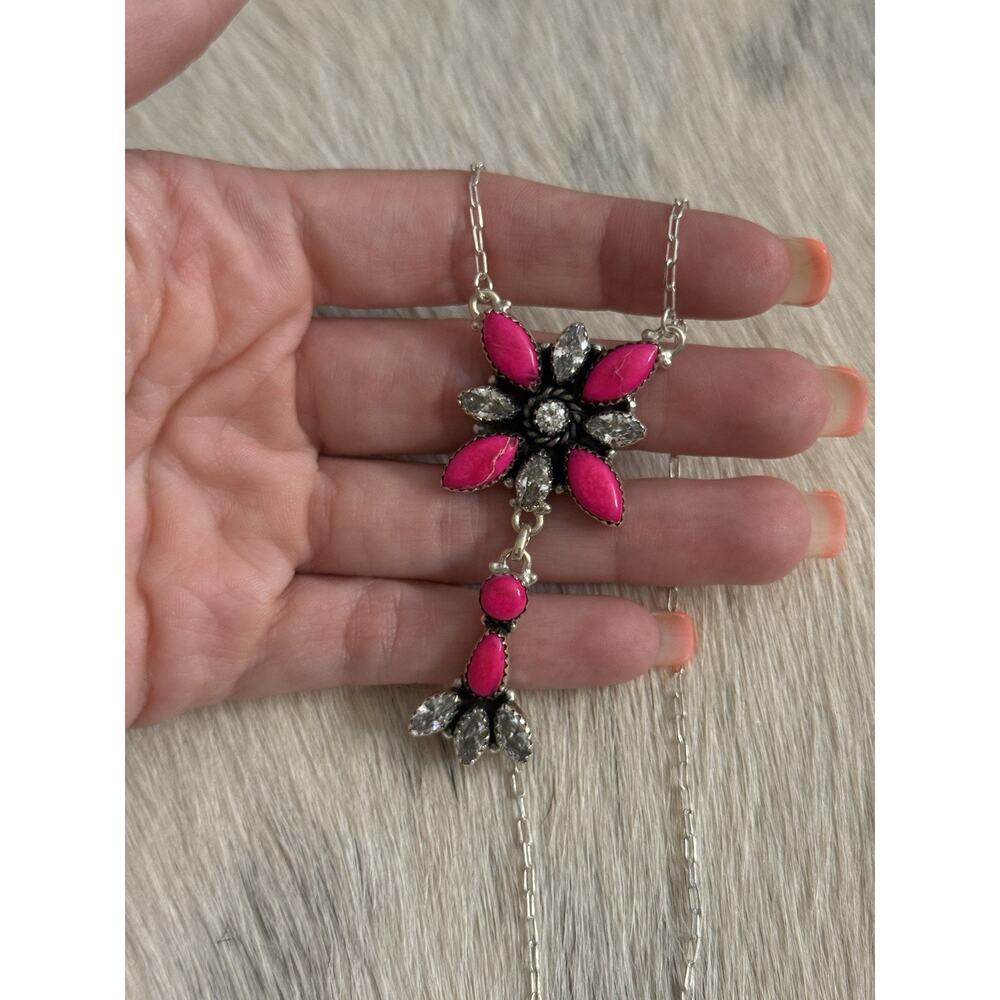Native American SW Sterling Silver Neon Pink Jasper & CZ Cluster Lariat Necklace - Picture 9 of 11